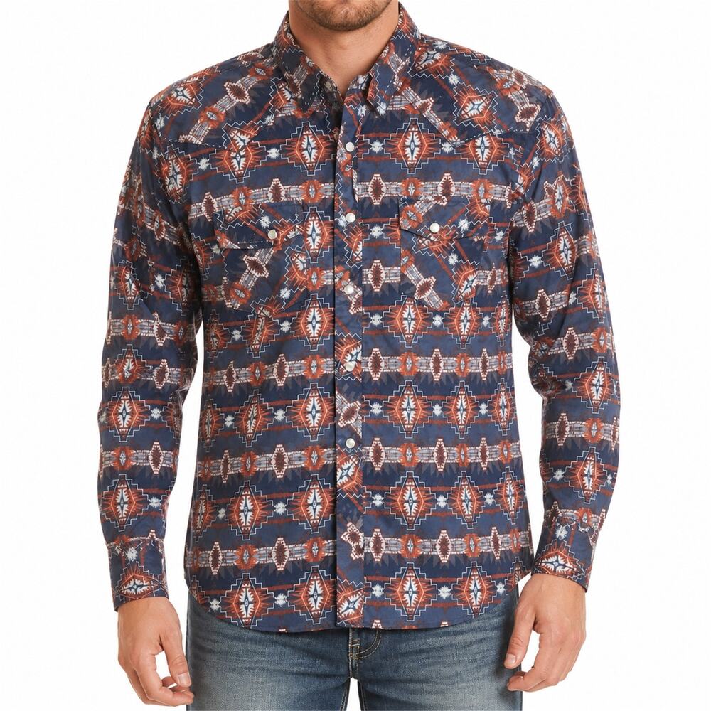 Rock & Roll Denim Shirt Mens XL Blue Red Aztec Modern Fit Western Pearl Snap